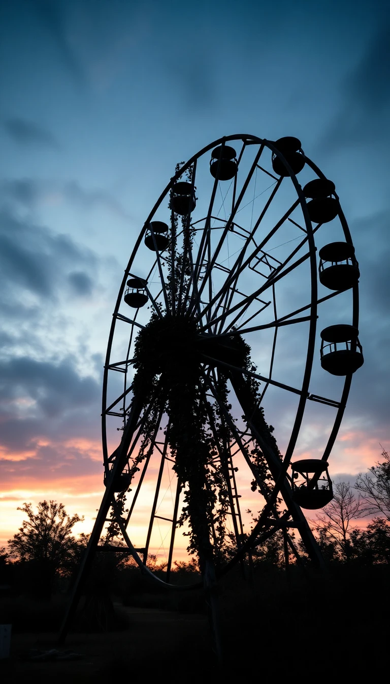 A hauntingly beautiful abandoned amusement park, featuring a rusted Ferris wheel silhouette against a twilight sky, with overgrown vines climbing its structure. Realistic photography style.