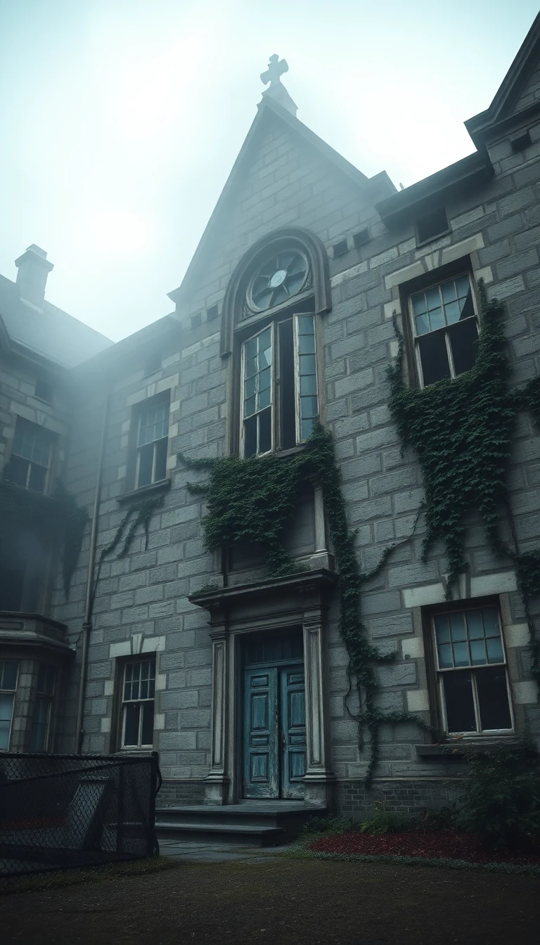 The imposing and decaying exterior of an old Victorian-era asylum, partially shrouded in mist, with broken windows and encroaching ivy. Realistic photography style.