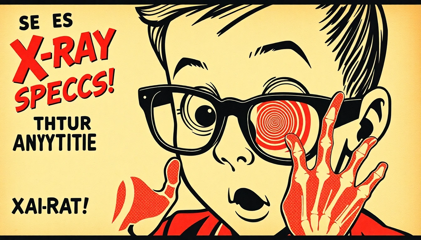 Vintage 1950s comic-style advertisement for X-Ray Specs, featuring a wide-eyed boy wearing a pair of black glasses with a white and red spiral as lenses looking at his hand which looks like bones as if its transparent